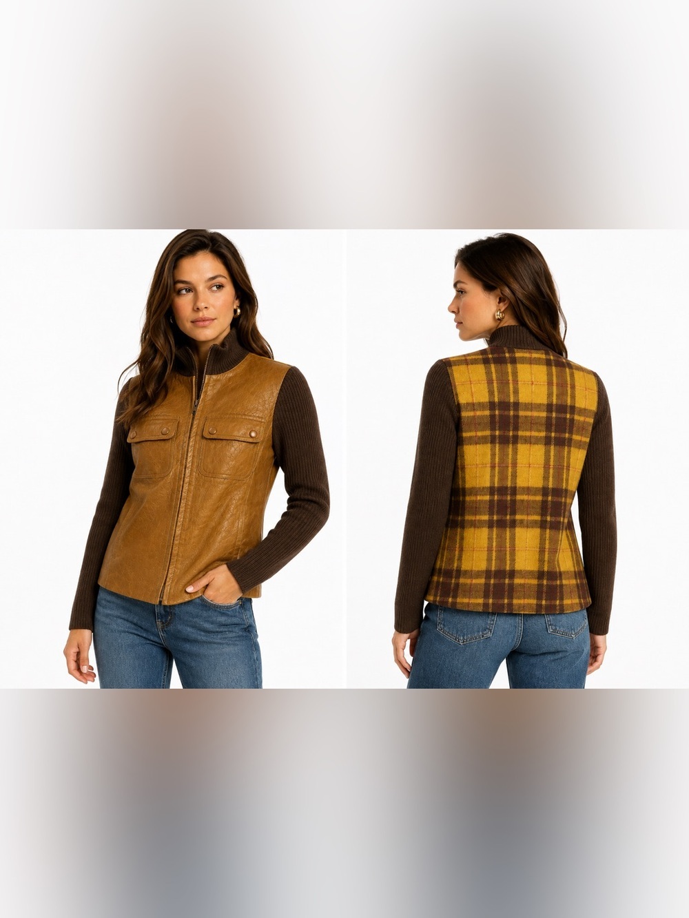 Cynthia Steffe Leather Wool Plaid Mixed Media Preppy Jacket Small Y2K (CKB087)